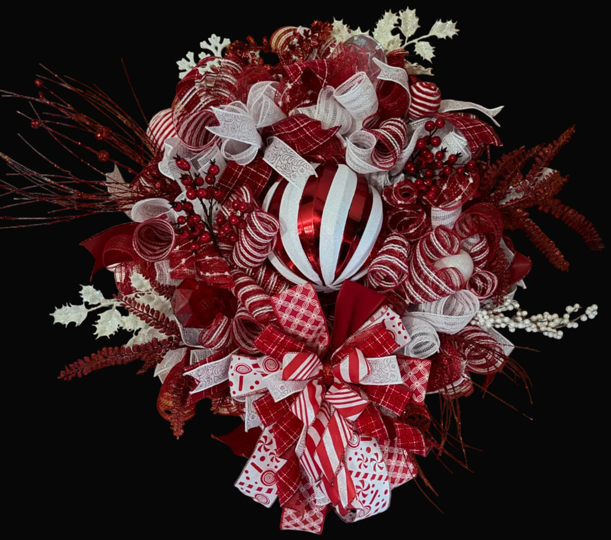 Red & White Christmas Wreath – Peppermint Candy Cane Front Door Wreath with Ornament & Designer Ribbon
