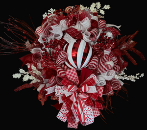 Red & White Christmas Wreath – Peppermint Candy Cane Front Door Wreath with Ornament & Designer Ribbon