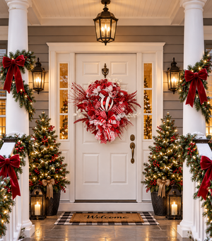 Red & White Christmas Wreath – Peppermint Candy Cane Front Door Wreath with Ornament & Designer Ribbon