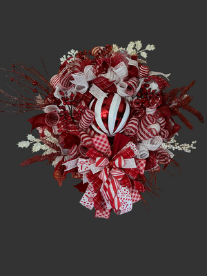 Red & White Christmas Wreath – Peppermint Candy Cane Front Door Wreath with Ornament & Designer Ribbon