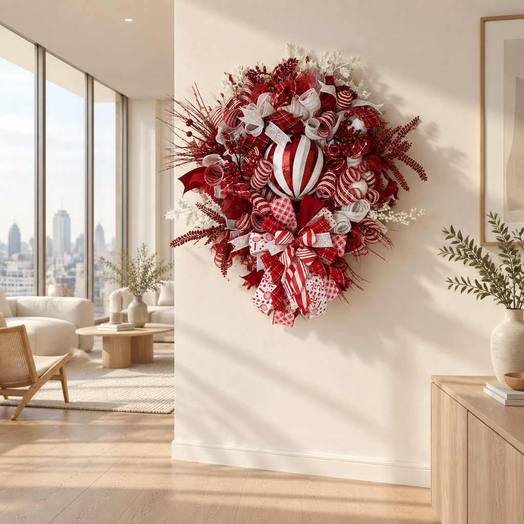 Red & White Christmas Wreath – Peppermint Candy Cane Front Door Wreath with Ornament & Designer Ribbon