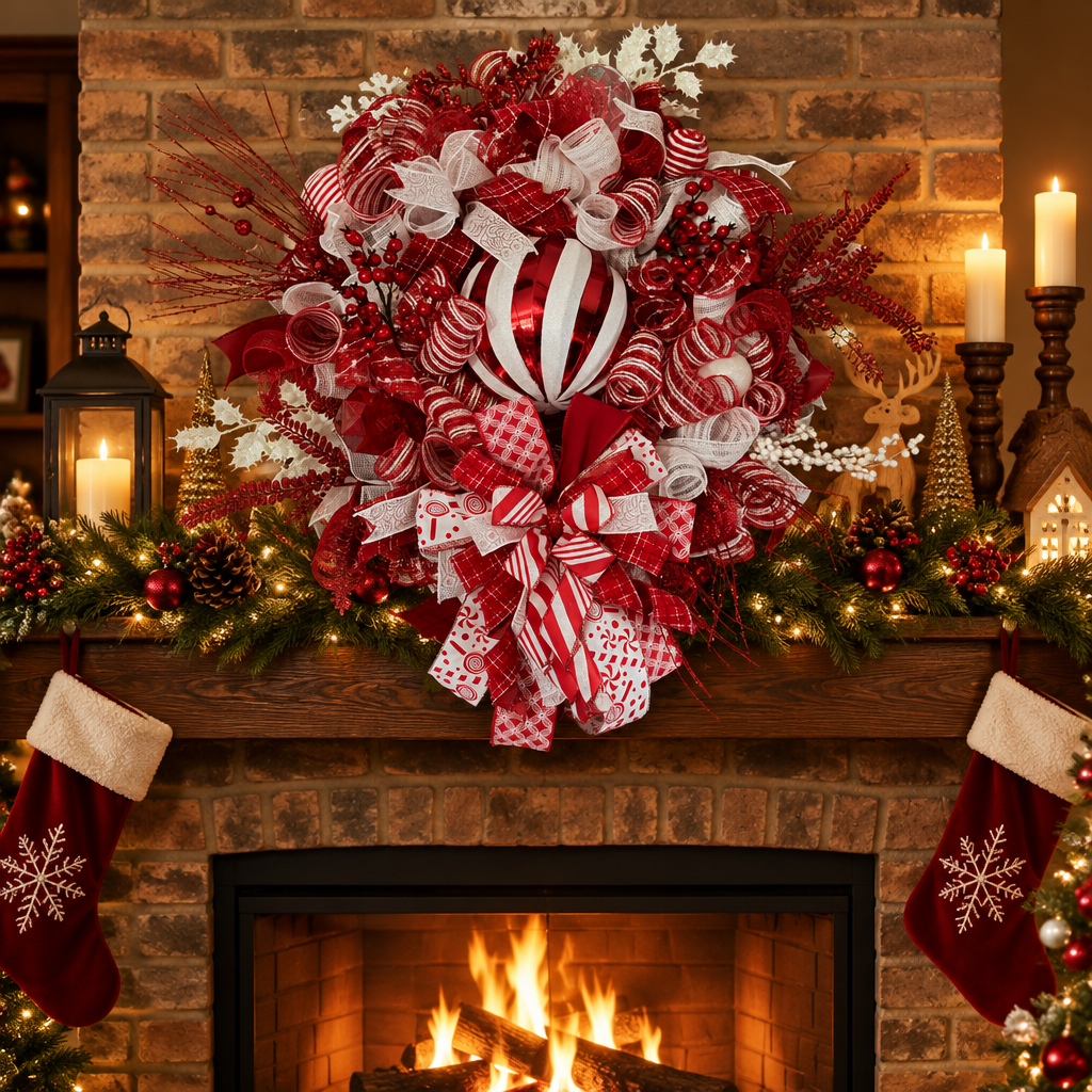 Red & White Christmas Wreath – Peppermint Candy Cane Front Door Wreath with Ornament & Designer Ribbon
