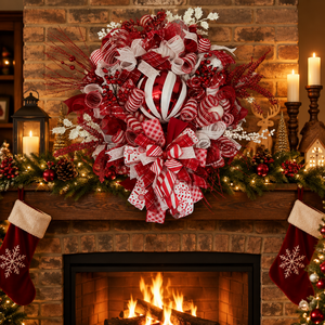 Red & White Christmas Wreath – Peppermint Candy Cane Front Door Wreath with Ornament & Designer Ribbon