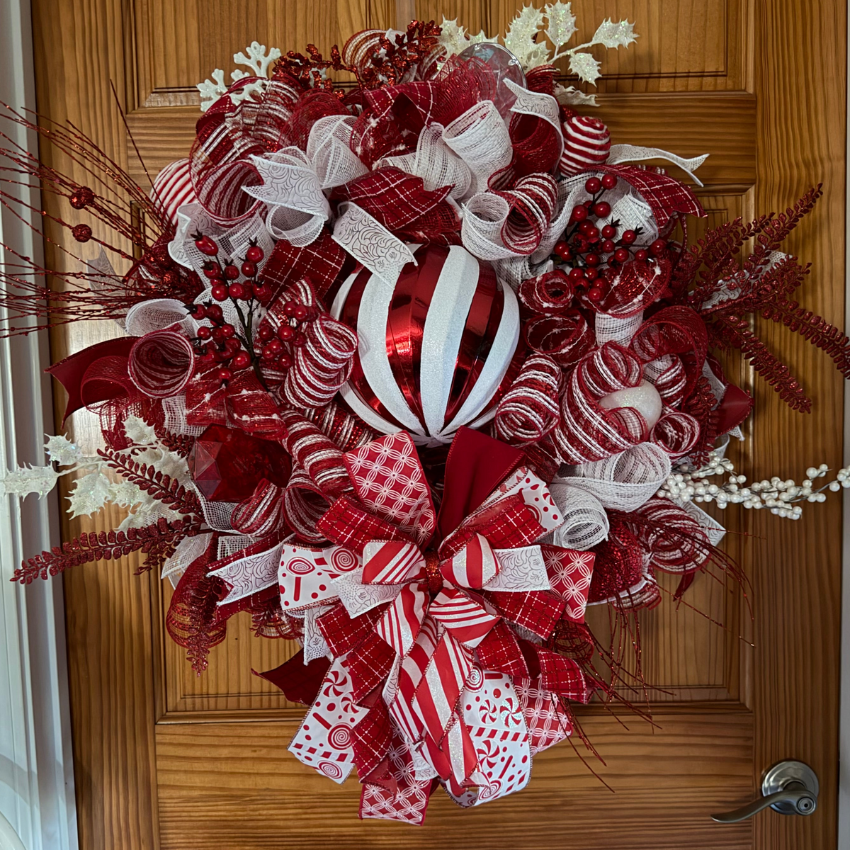 Red & White Christmas Wreath – Peppermint Candy Cane Front Door Wreath with Ornament & Designer Ribbon