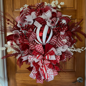 Red & White Christmas Wreath – Peppermint Candy Cane Front Door Wreath with Ornament & Designer Ribbon