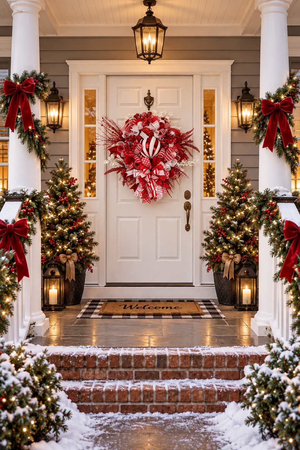 Red & White Christmas Wreath – Peppermint Candy Cane Front Door Wreath with Ornament & Designer Ribbon
