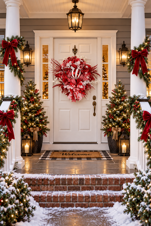 Red & White Christmas Wreath – Peppermint Candy Cane Front Door Wreath with Ornament & Designer Ribbon