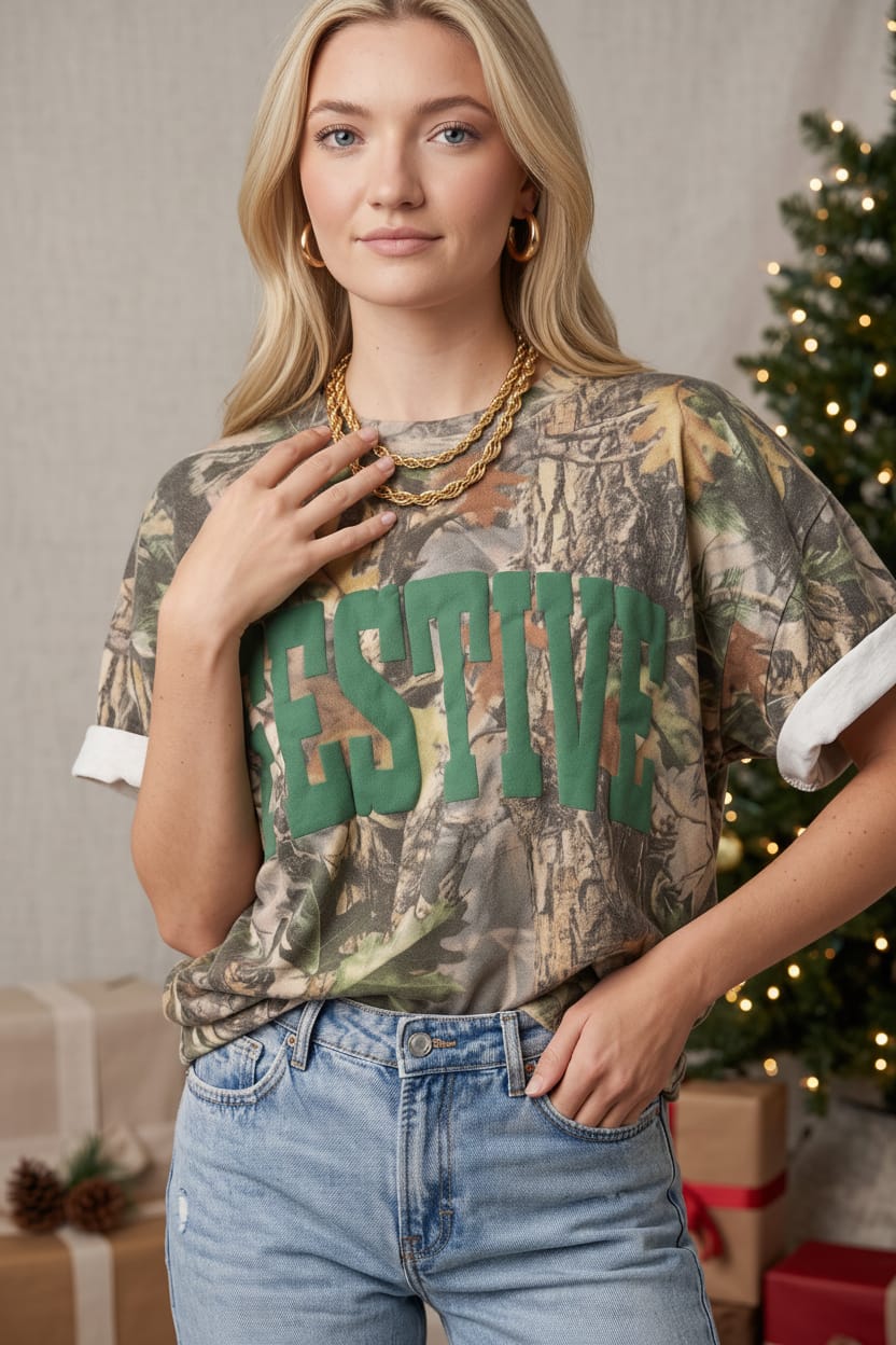 Festive Vintage Wood Camo Heavy Tee by Southern Bliss Company