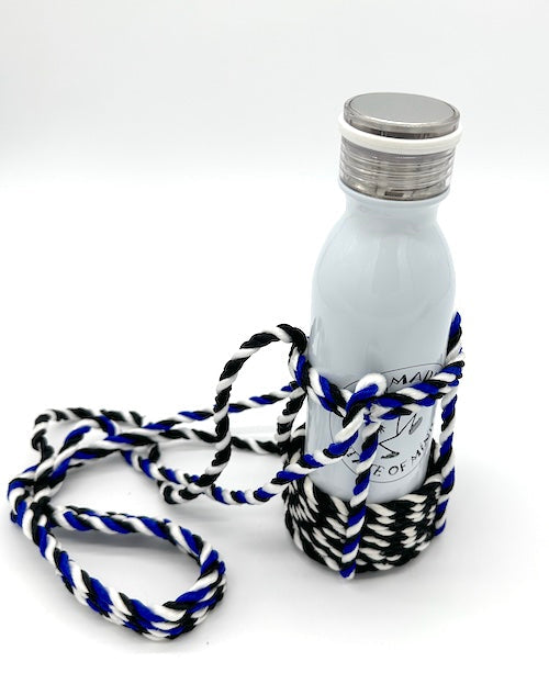 Woven Bottle Holder – Black, Blue & White handwoven rope bottle holder by Nomadic State of Mind, view 2