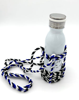 Woven Bottle Holder – Black, Blue & White handwoven rope bottle holder by Nomadic State of Mind, view 2