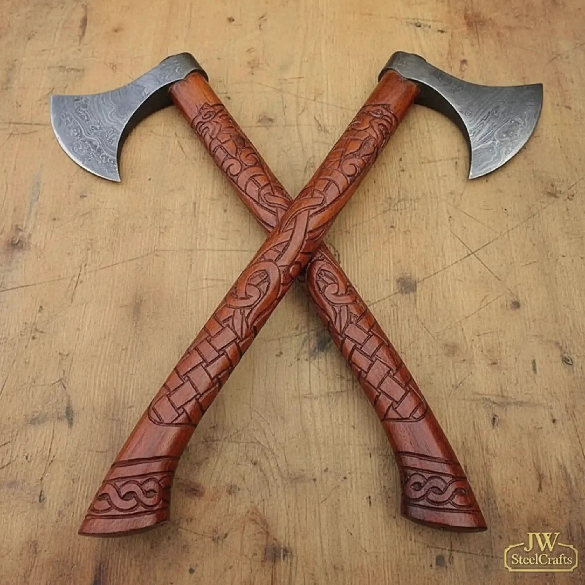 Handmade Norse Viking Axe Pair with Damascus Steel Heads & Hand Engraved Wooden Handles by JW SteelCrafts, Southern lifestyle apparel detail photo 2