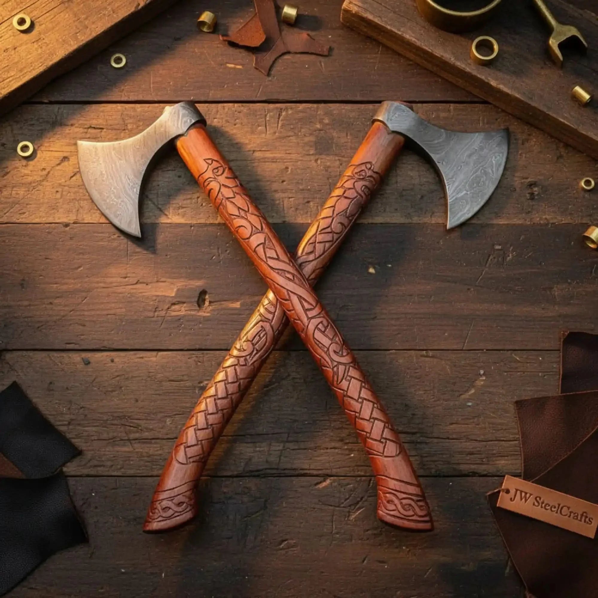 Handmade Norse Viking Axe Pair with Damascus Steel Heads & Hand Engraved Wooden Handles by JW SteelCrafts, Southern lifestyle apparel main product photo