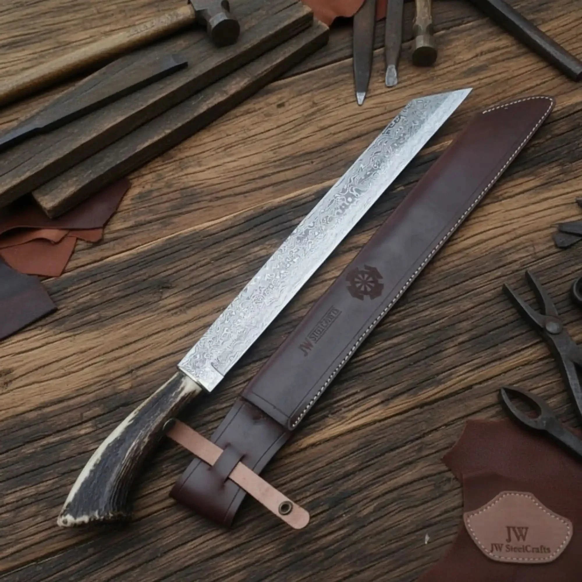Long Seax Knife Straight Back Blade-Damascus steel | Medieval Style Knife by JW SteelCrafts, Damascus knife detail photo 2