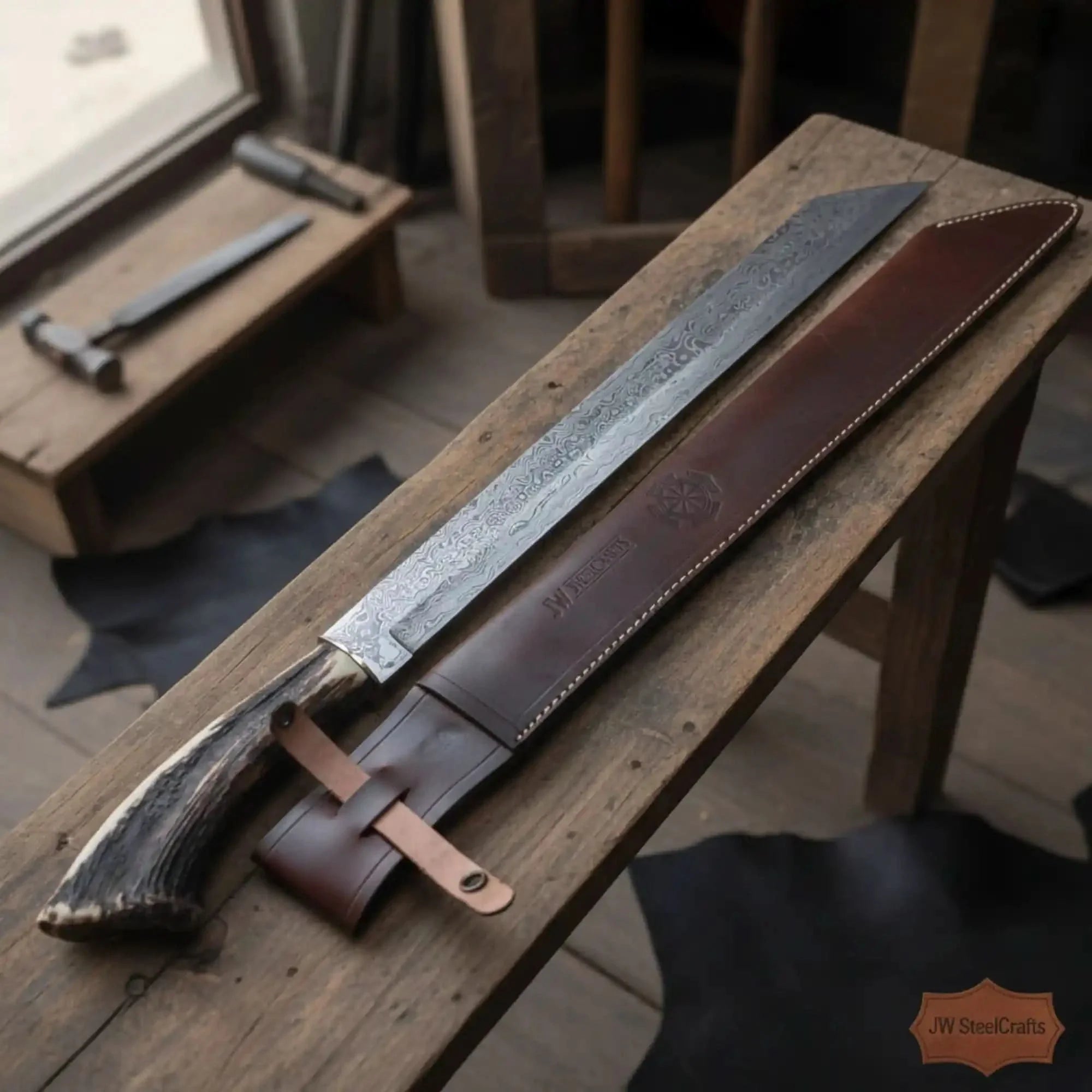 Long Seax Knife Straight Back Blade-Damascus steel | Medieval Style Knife by JW SteelCrafts, Damascus knife main product photo