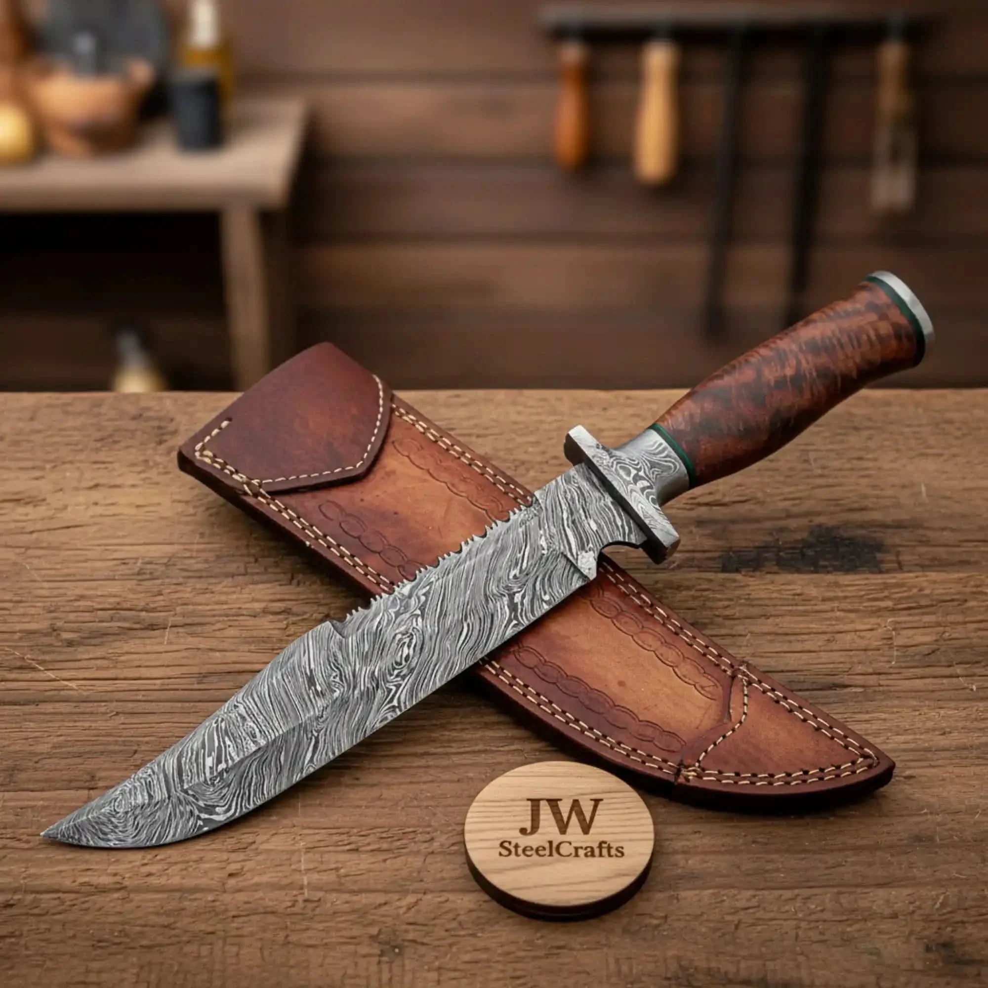 Handmade Damascus Bowie Knife with Natural Wood Handle Fixed Blade by JW SteelCrafts, Damascus knife main product photo