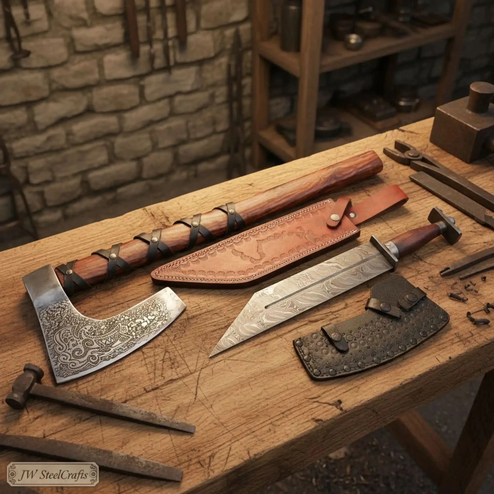Viking Bearded Axe and Seax Knife Set | Bushcraft Wood Cutting by JW SteelCrafts, Damascus knife detail photo 2