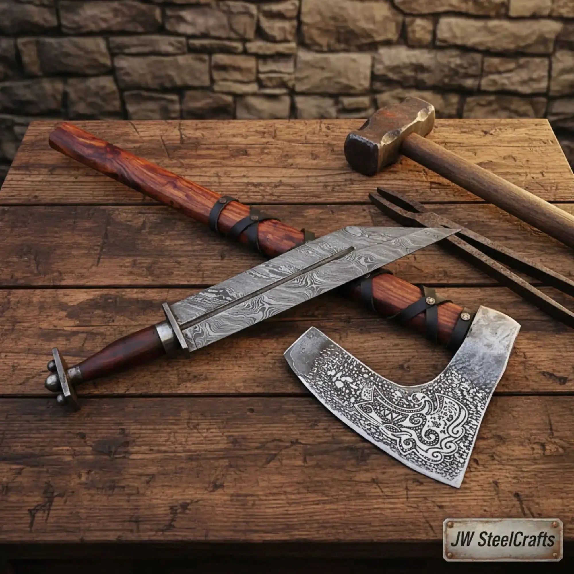 Viking Bearded Axe and Seax Knife Set | Bushcraft Wood Cutting by JW SteelCrafts, Damascus knife main product photo