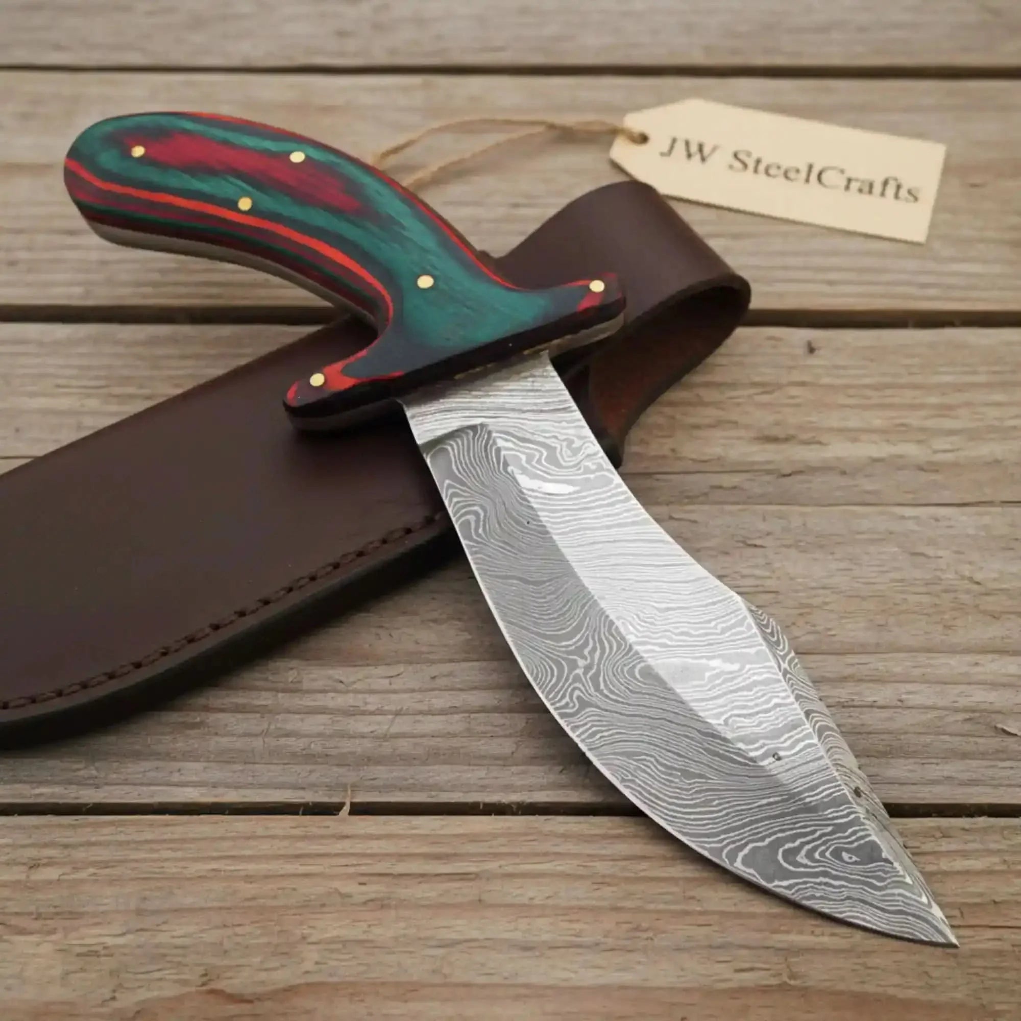 Handmade Damascus Upswept Skinner Knife with Multi-Color Pakka Wood Handle by JW SteelCrafts, Damascus knife detail photo 2