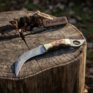 Damascus Steel Knife with Burned Bone Handle & Brass Bolster