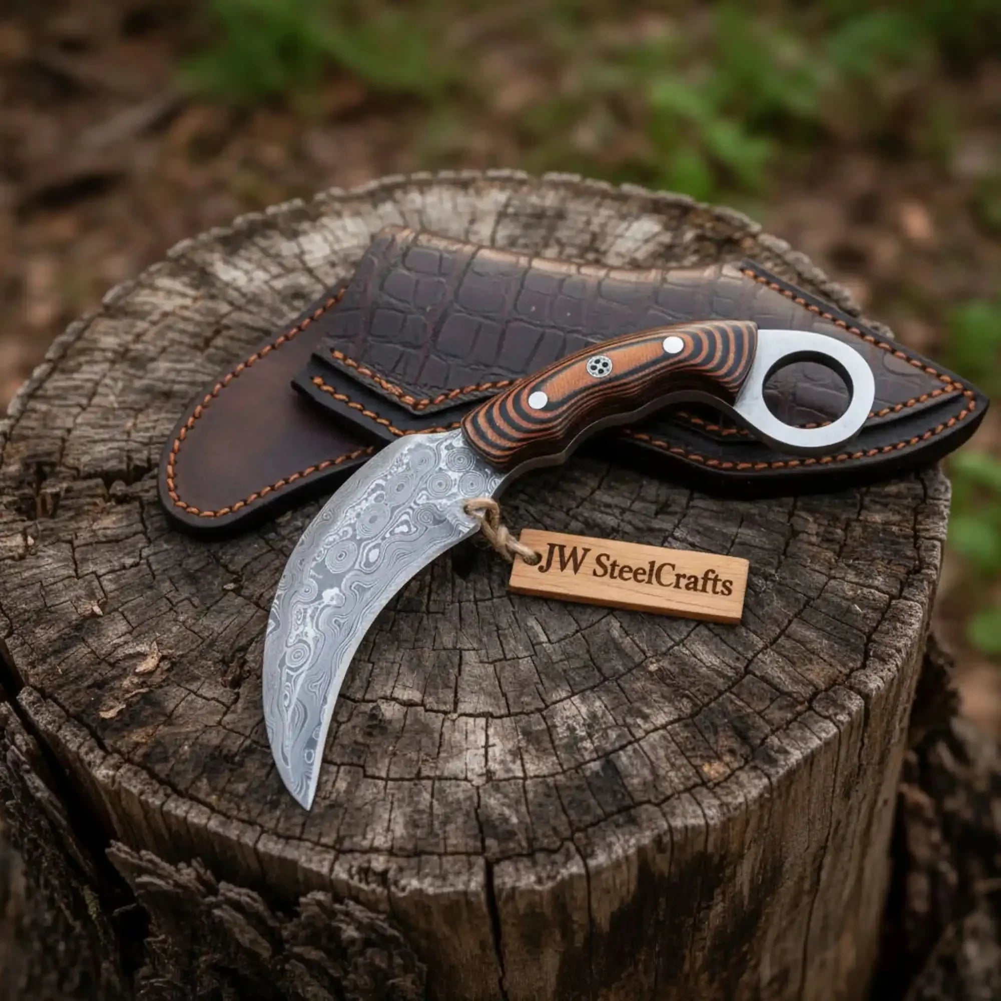 Handmade Damascus Karambit Knife with Multi-Color Micarta Handle by JW SteelCrafts, Damascus knife main product photo
