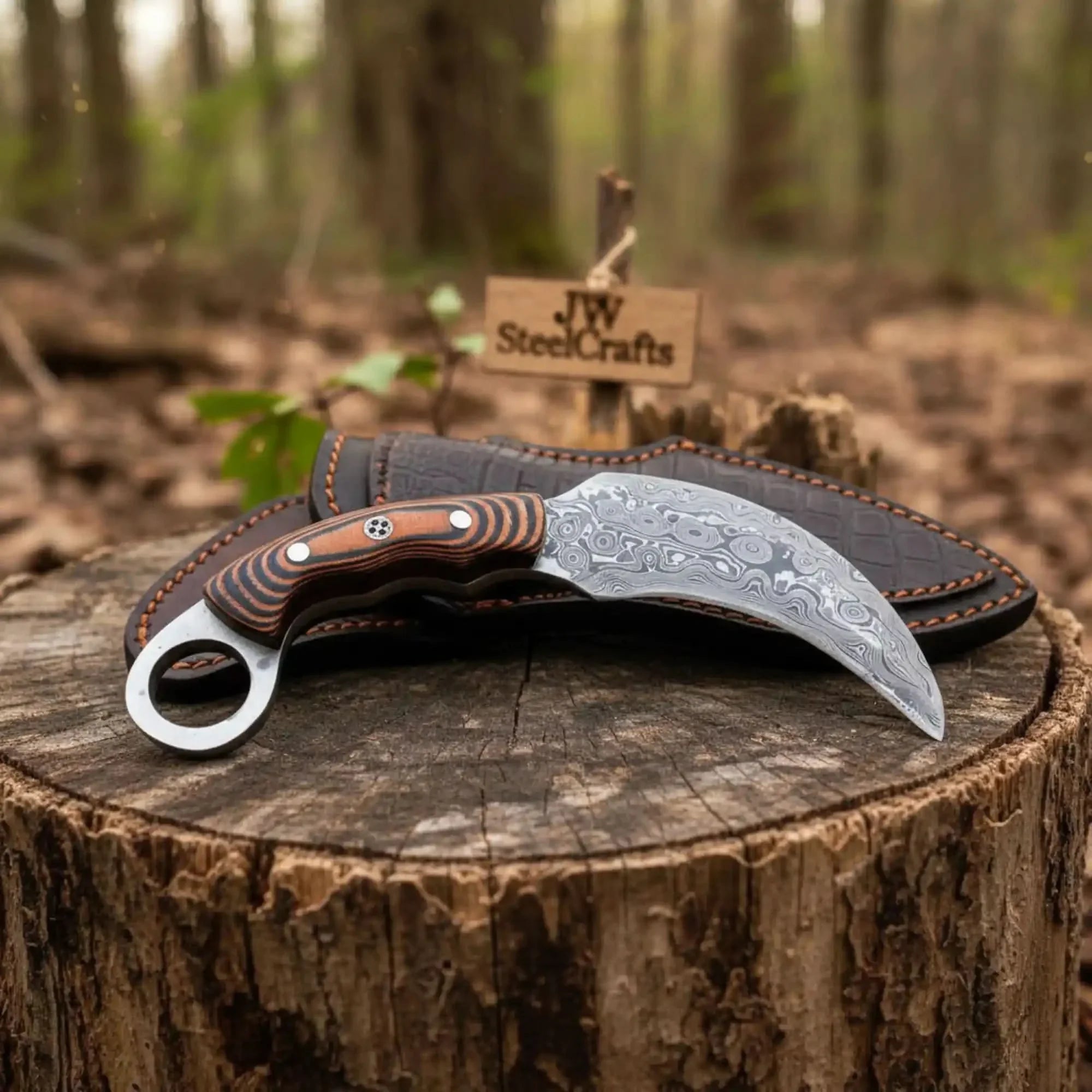Handmade Damascus Karambit Knife with Multi-Color Micarta Handle by JW SteelCrafts, Damascus knife detail photo 2