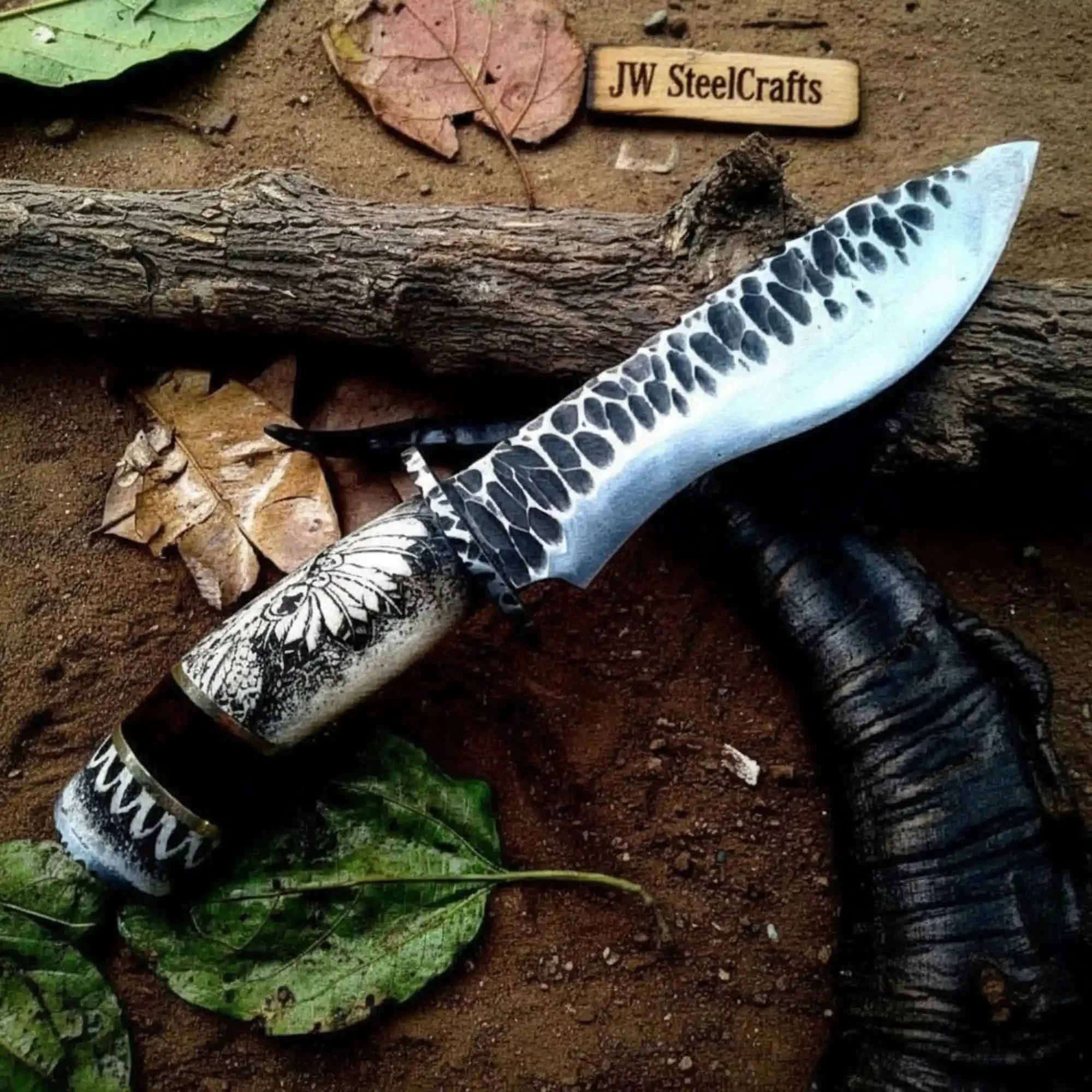 Handmade High Carbon Steel Drop Point Hunting Knife with Scrimshaw Handle by JW SteelCrafts, Damascus knife detail photo 2