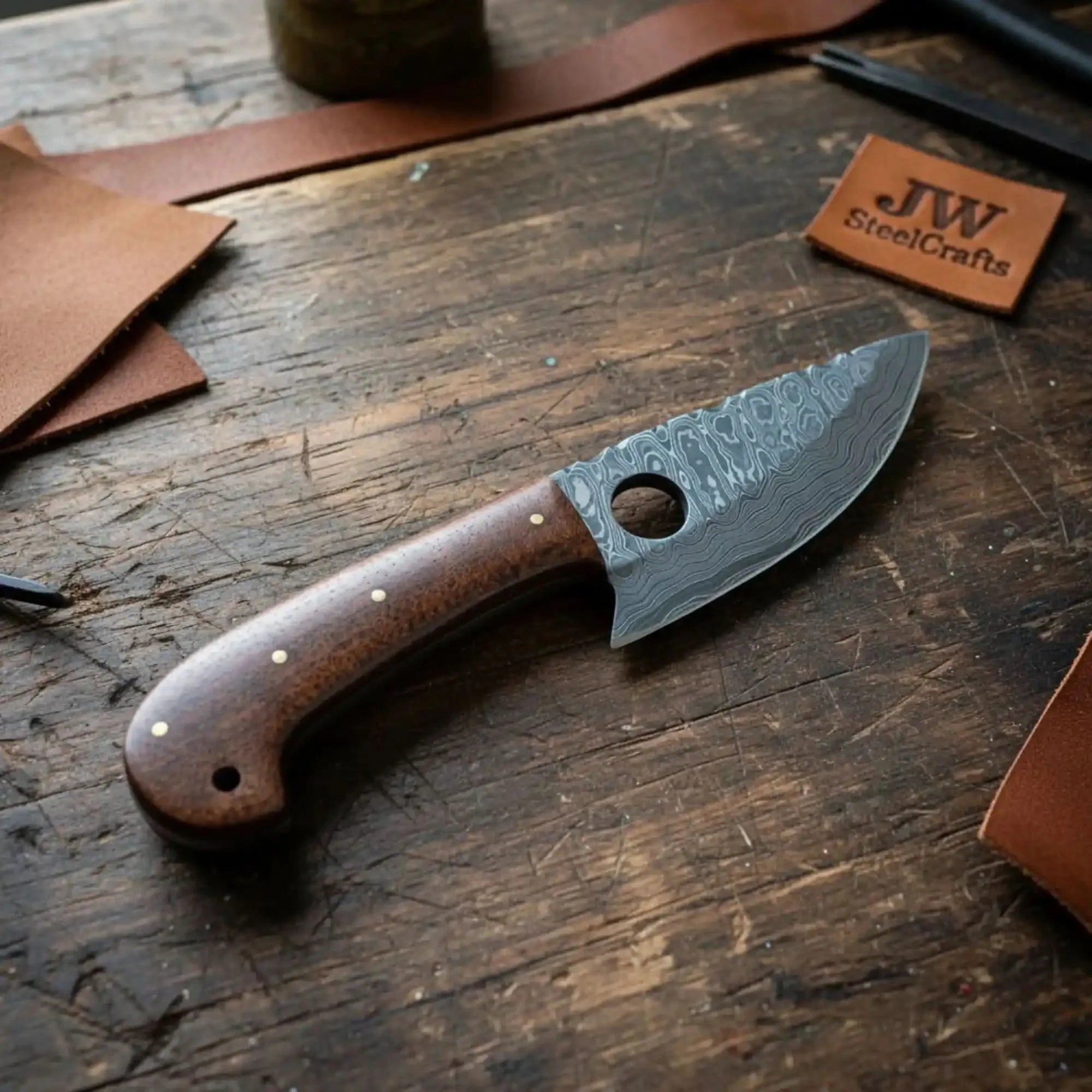 Handmade Damascus Mini Skinner Knife with Wooden Handle | Full Tang Drop Point Blade by JW SteelCrafts, Damascus knife detail photo 2