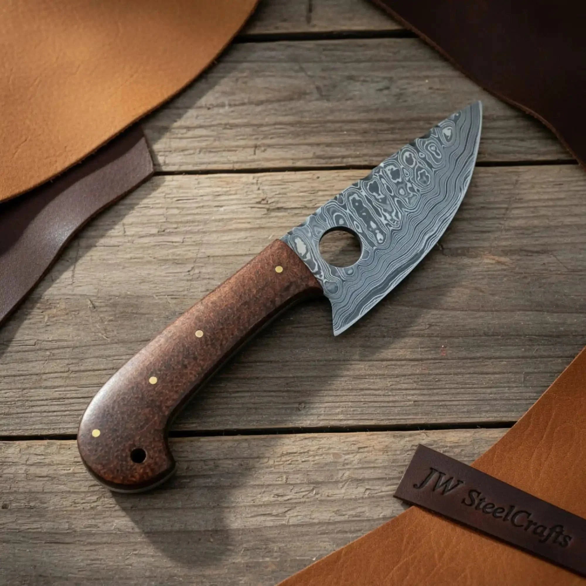 Handmade Damascus Mini Skinner Knife with Wooden Handle | Full Tang Drop Point Blade by JW SteelCrafts, Damascus knife main product photo