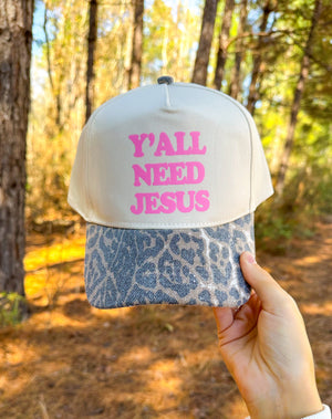 Y'all Need Jesus Washed Leopard Canvas Trucker Hat by Southern Bliss Company, Southern lifestyle apparel detail photo 2