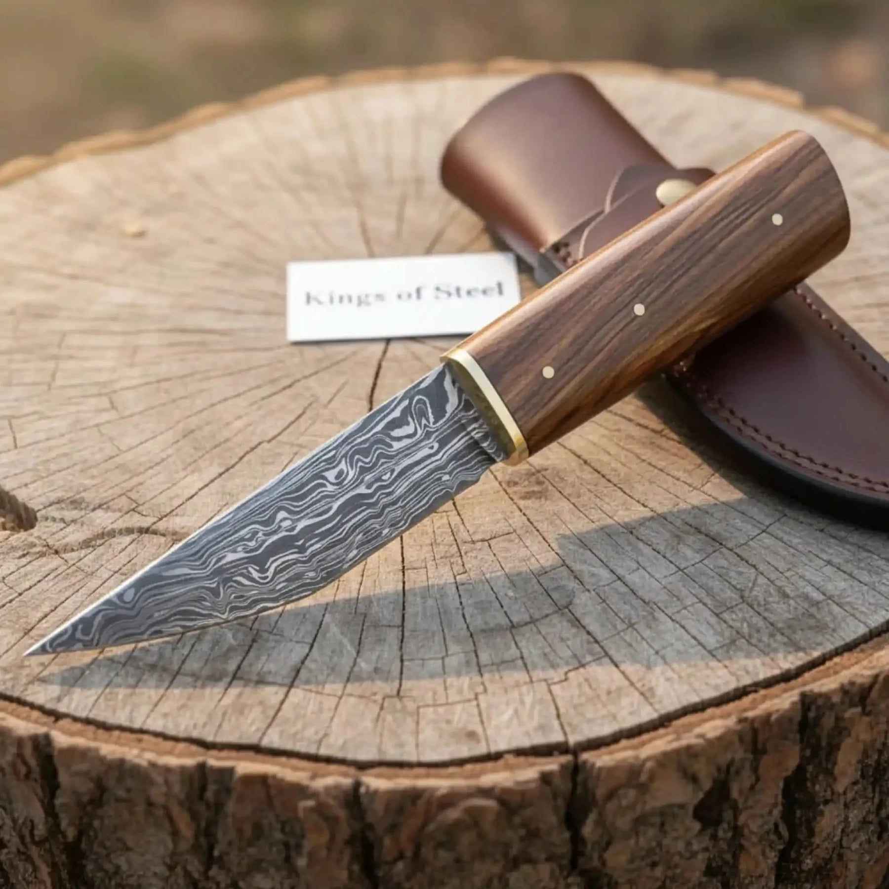Handmade Viking Seax Knife - Damascus Steel Blade with Wooden Handle & Leather Sheath