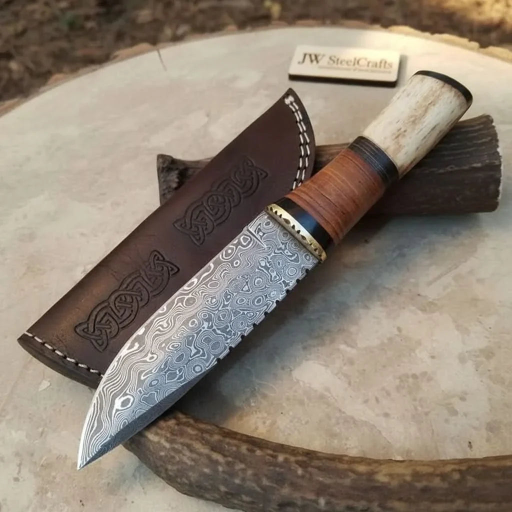 Handmade Damascus Steel Hunting Knife with Leather Sheath & Bone Handle