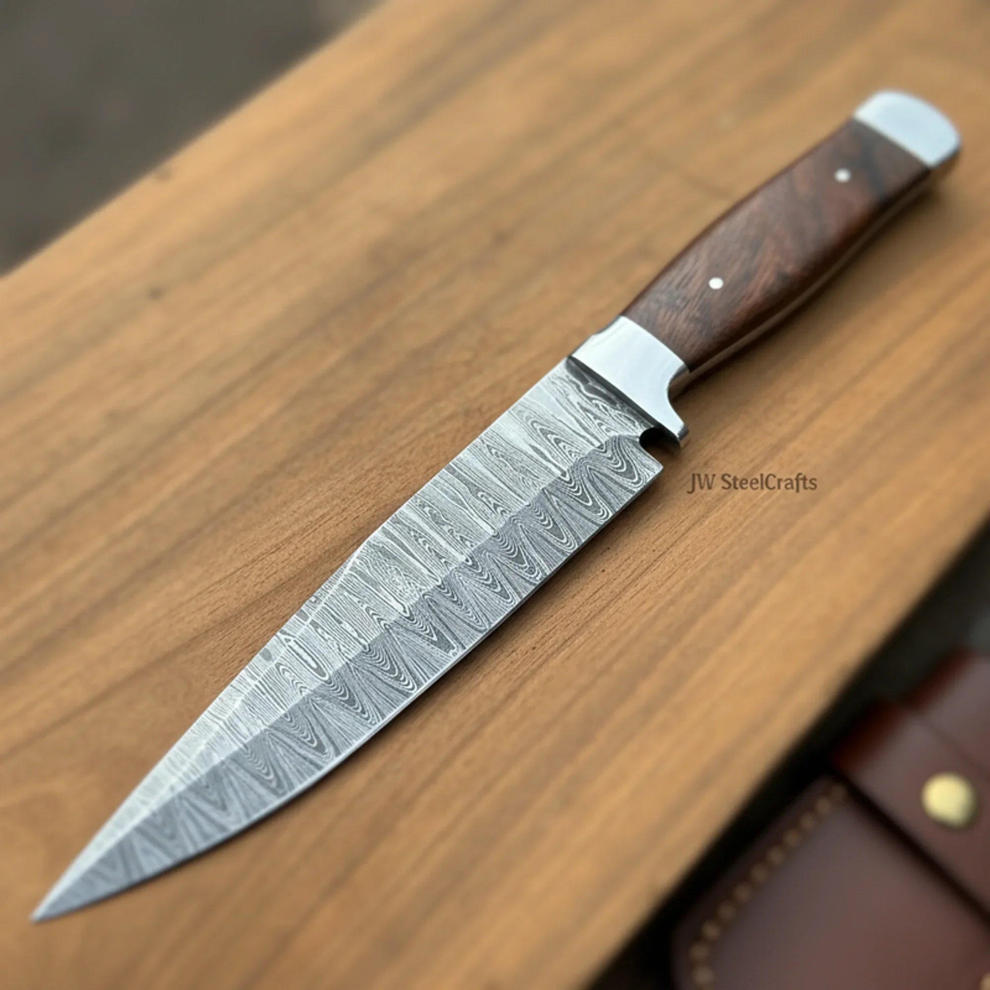 European Carving Knife Damascus Blade Wooden Handle Fixed Blade Tool by JW SteelCrafts