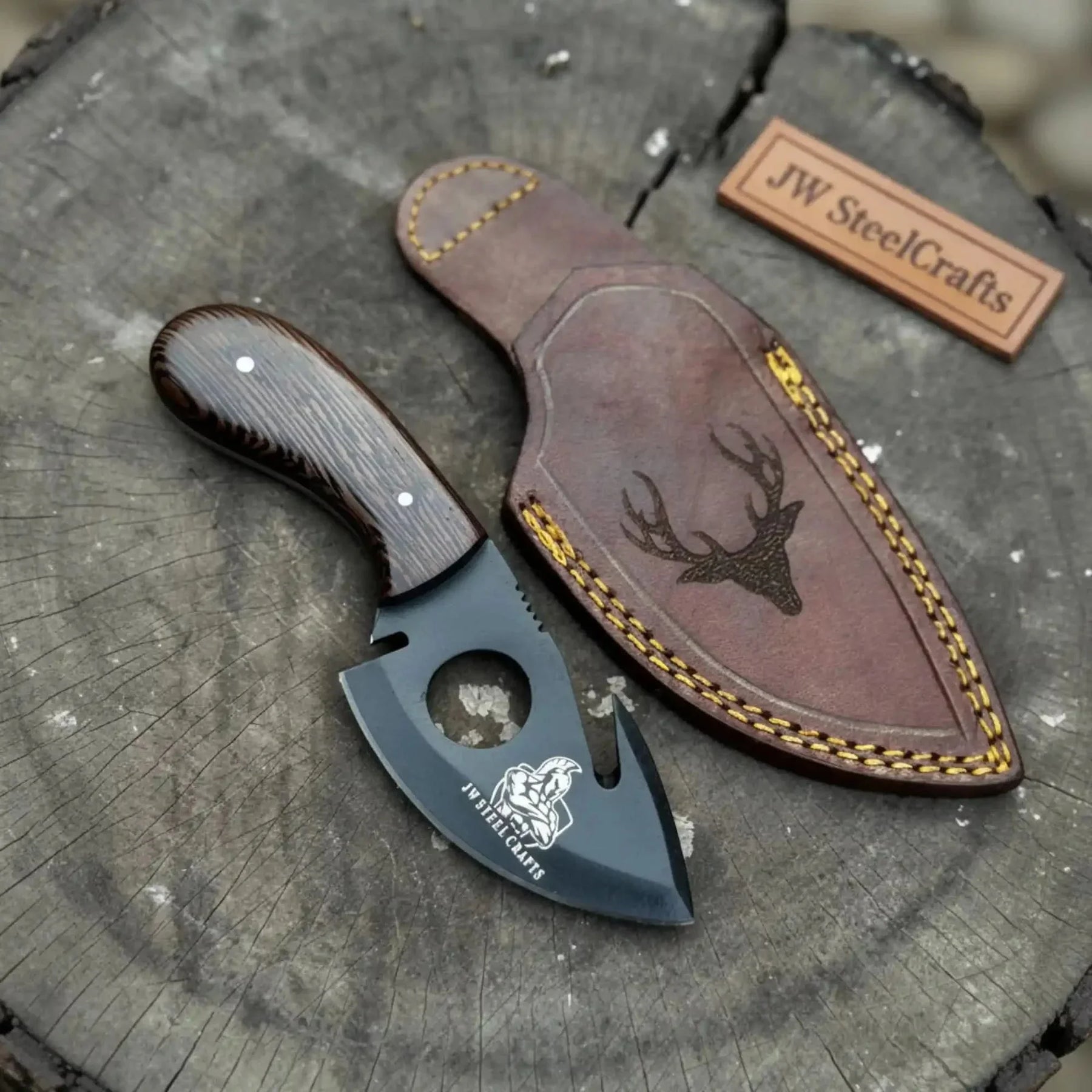 Backwoods Guthook Skinner Knife 6” – Handmade Full Tang Hunting Blade with Hardwood Handle & Leather Sheath