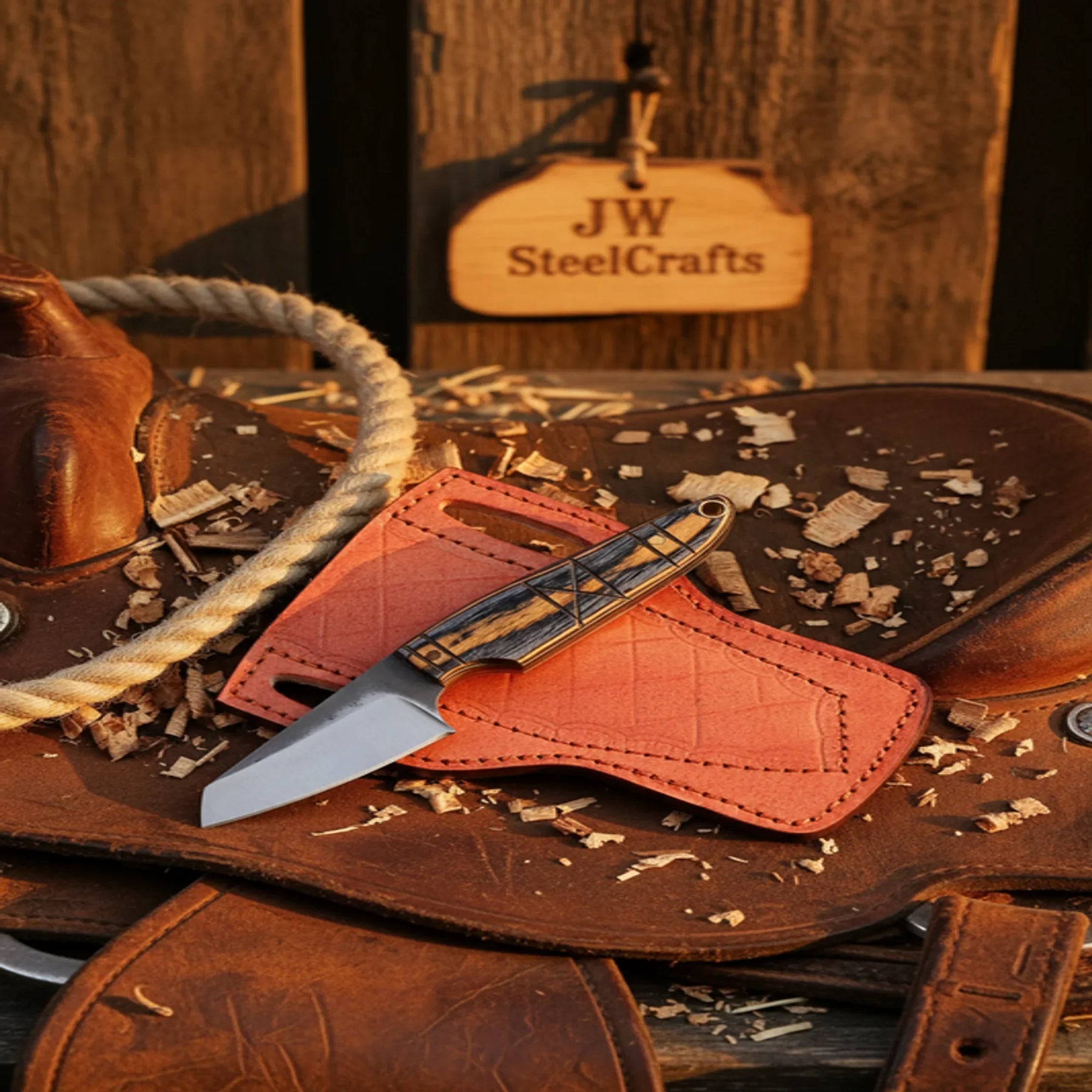 Trail Cleaver Skinner Knife Pakka Wood Handle Full Tang Western Pancake Leather Sheath 7"
