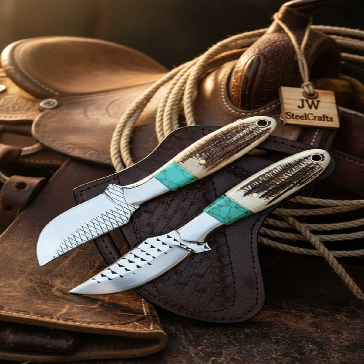 Turquoise Stag Cowboy Duo Knife set of 2 with natural stag horn handles
