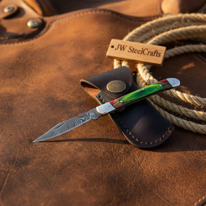 Forest Green Trail Trapper Knife Pakka Wood Damascus Steel folding Trapper Knife detail view by JW SteelCrafts