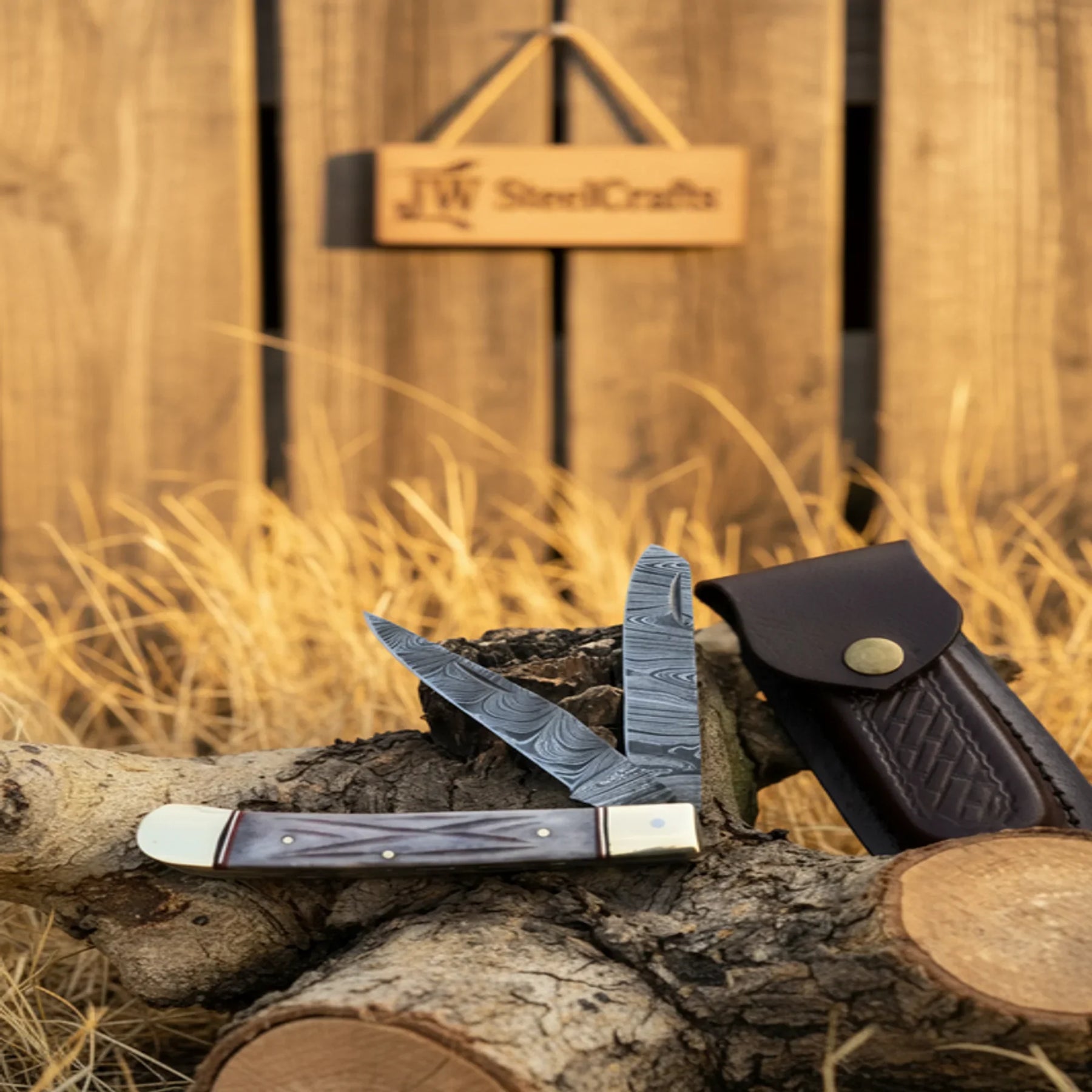 Damascus Steel Trapper Knife 4" with Bone Handle, Folding Pocket Knife detail view by JW SteelCrafts
