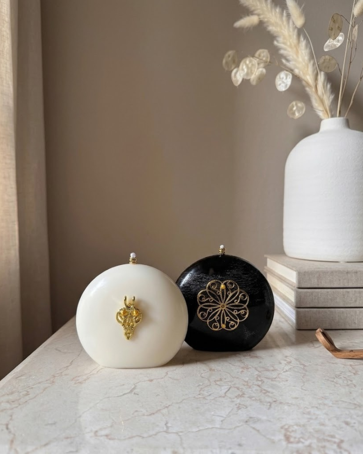 Orb sculptural candle with gold accents by Believe Candle – product view 4