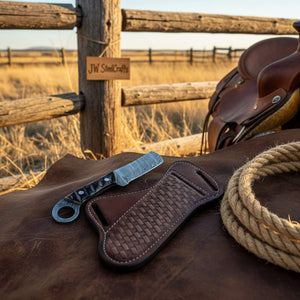 Finger Loop Prairie Bull Cutter 6.5" Handmade Damascus Steel Leather Crossdraw by JW SteelCrafts