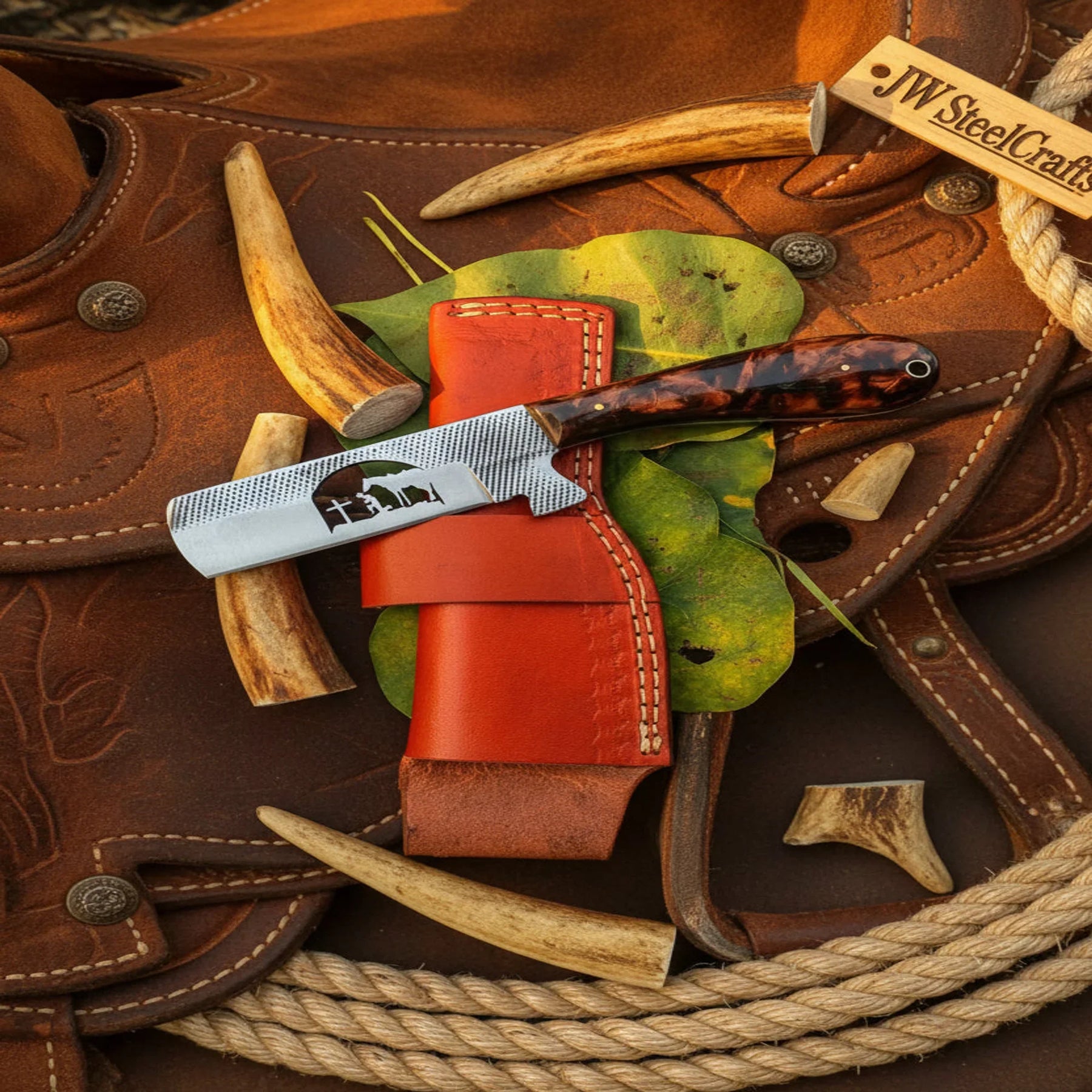 Rasp Straight Cowboy Cleaver Knife with Resin Handle, 7 Inch Handmade Blade