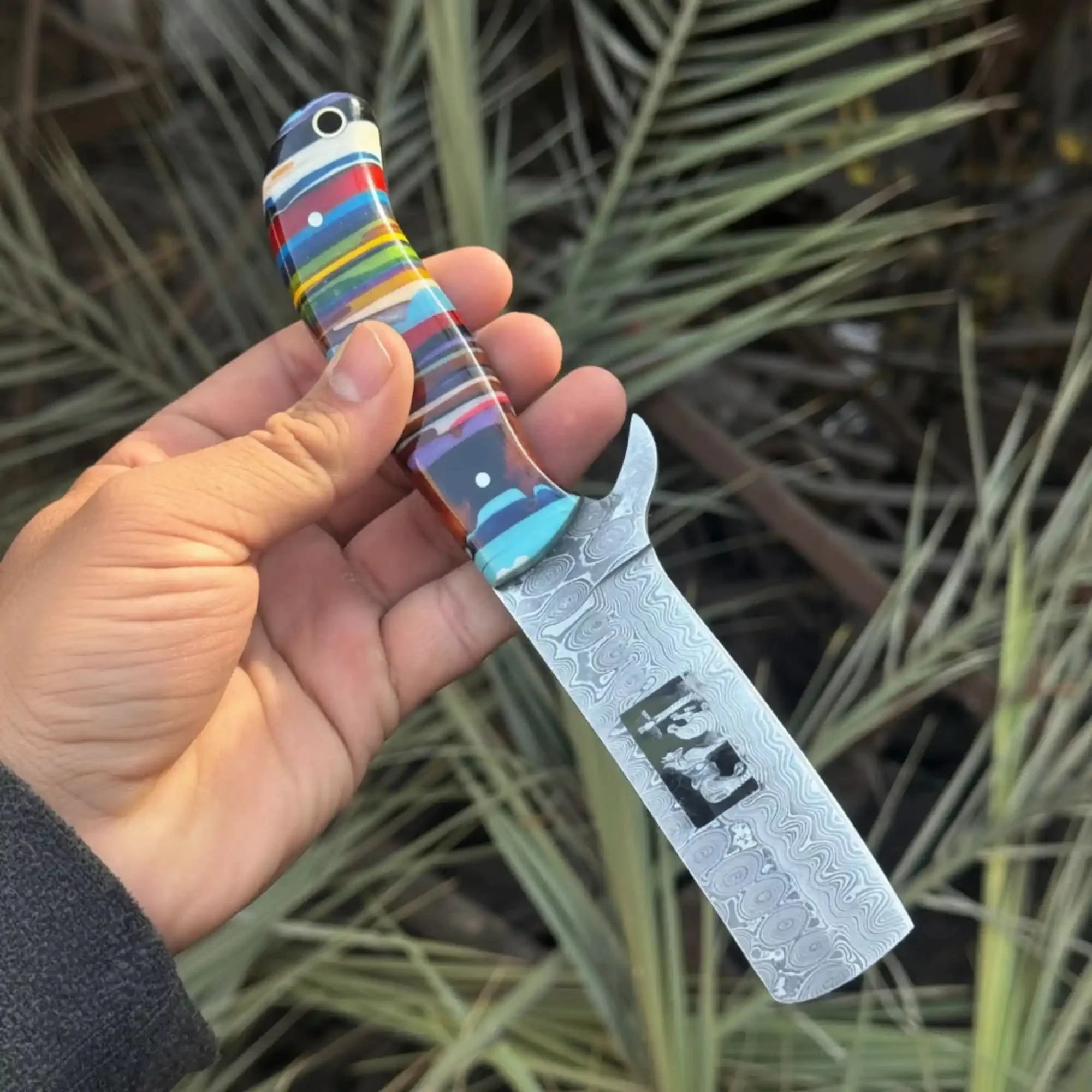 Damascus Bull Cutter Knife — Multi-Color Rainbow Resin Handle, Christian Cross Blade Engraving, Steel Bolster & Lanyard Hole by JW SteelCrafts, Damascus knife main product photo