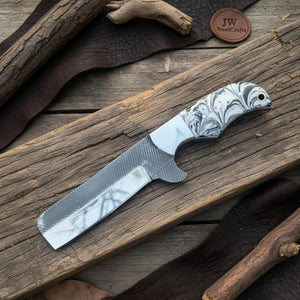 Rasp Steel Bull Cutter Knife — White and Black Marble Resin Handle, Bottle Opener Blade, Steel Bolster & Lanyard Hole