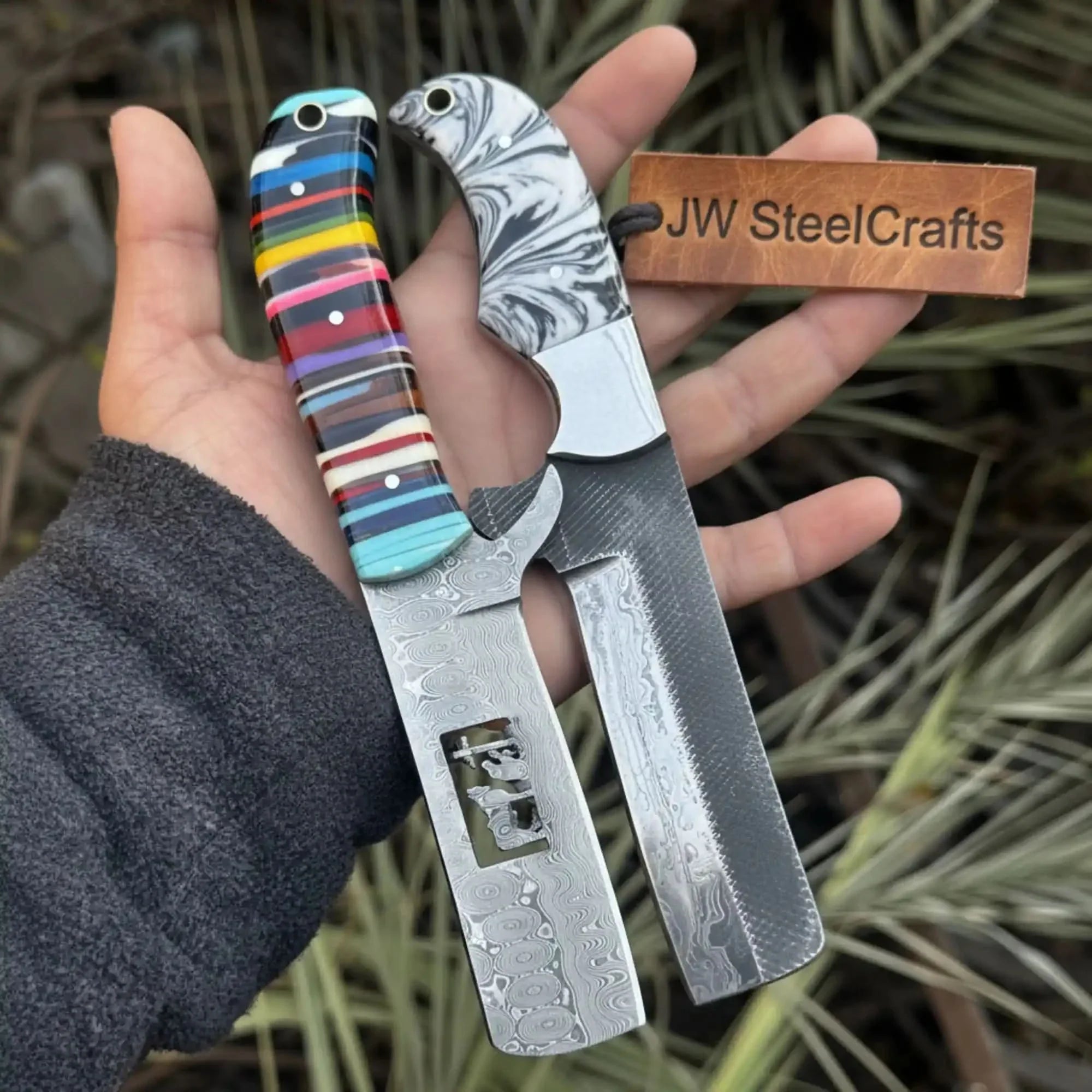 2-Piece Fixed Blade Knives — Rasp Steel Cleaver Rainbow Resin Handle by JW SteelCrafts, Damascus knife main product photo