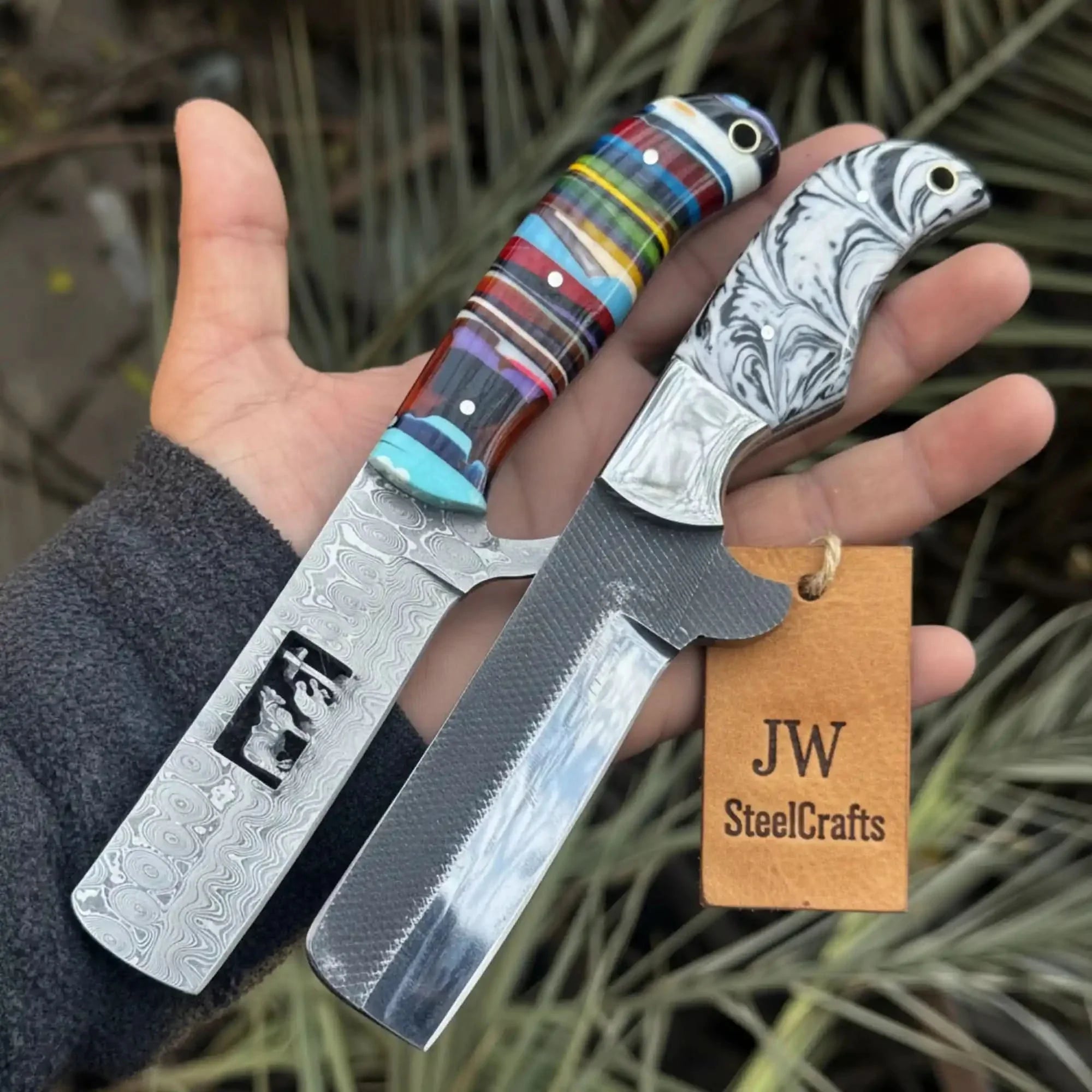 2-Piece Fixed Blade Knives — Rasp Steel Cleaver Rainbow Resin Handle by JW SteelCrafts, Damascus knife detail photo 2