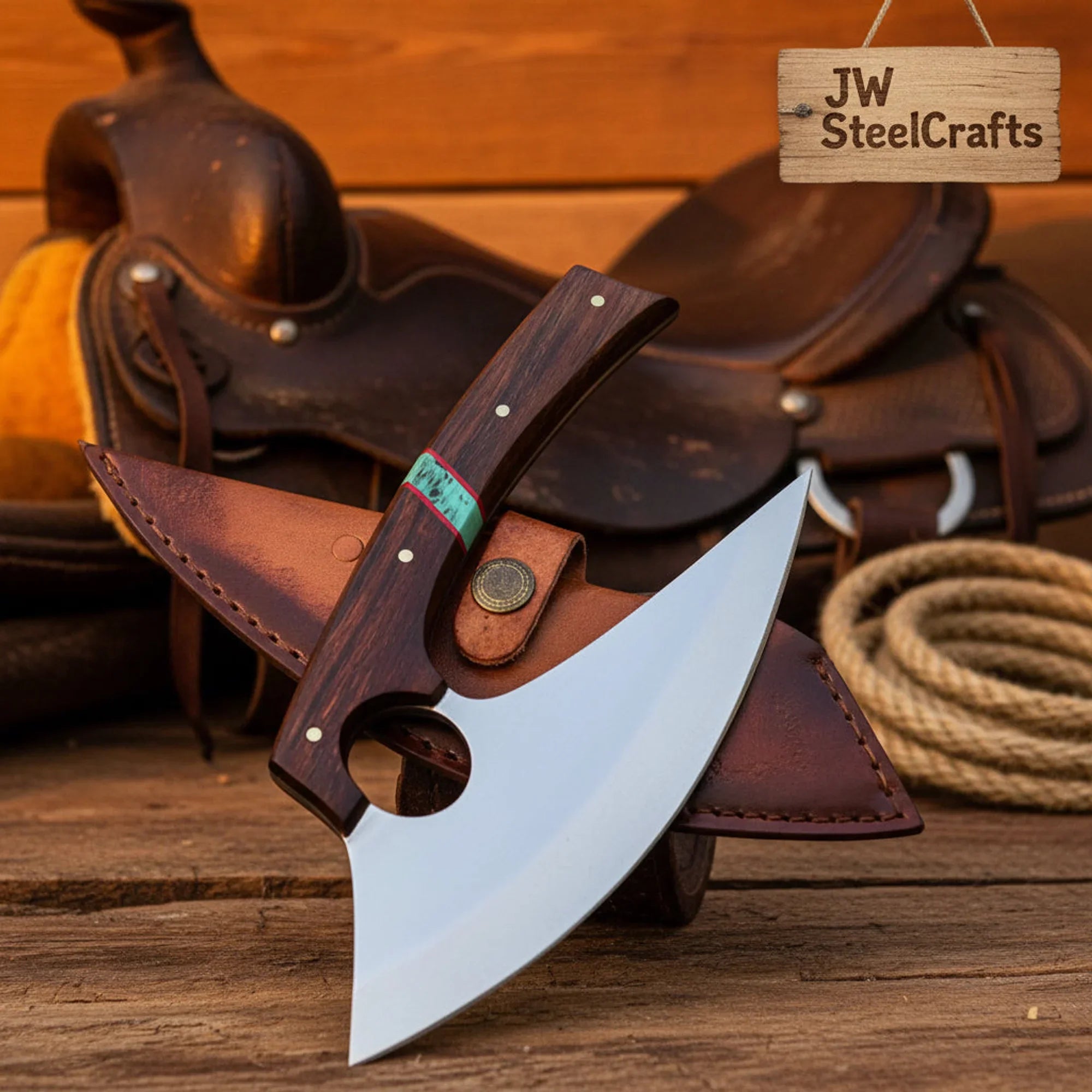 Finger-Hole Ulu Rocker Knife with Tali Wood Handle by JW SteelCrafts