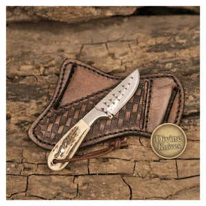 Stag Antler Damascus Bowie Knife with Belt Sheath – Handcrafted Hunting & Collector's Knife