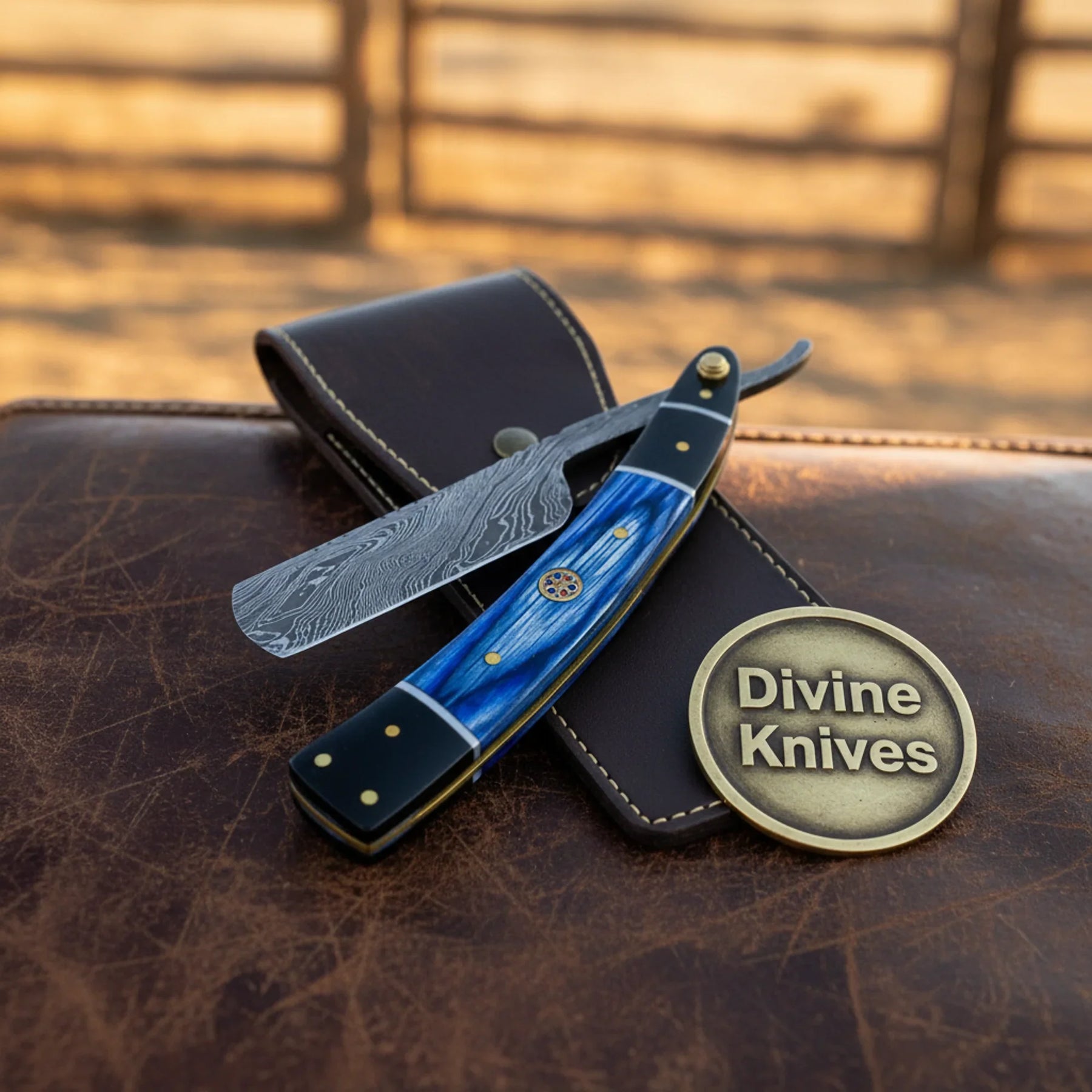 Twisted Damascus Straight Razor with Blue & Black Handle – Handcrafted Cut-Throat Razor with 4-Inch Edge
