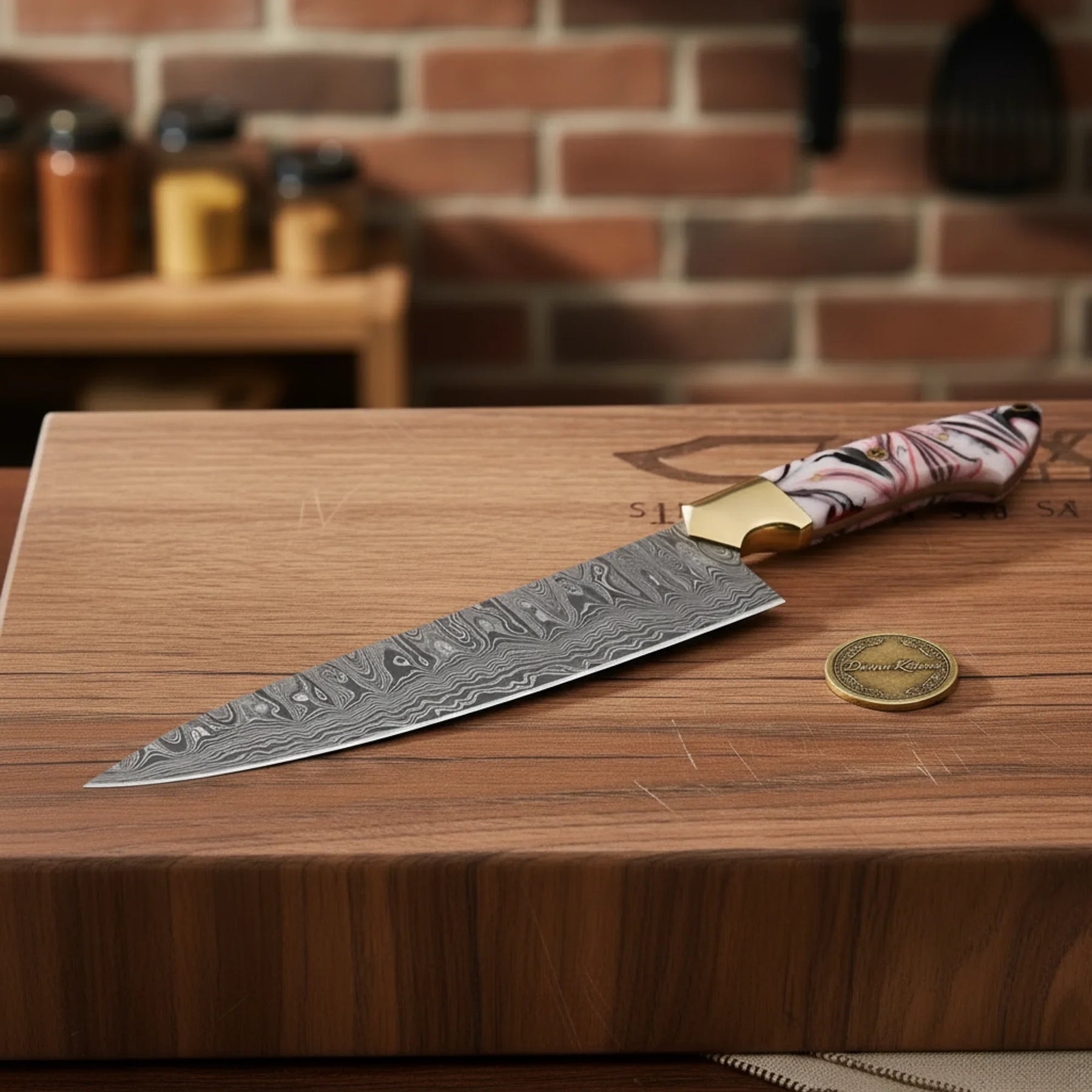 Copper Damascus Chef Knife with Bone Handle – Handcrafted Kitchen & Collector's Piece
