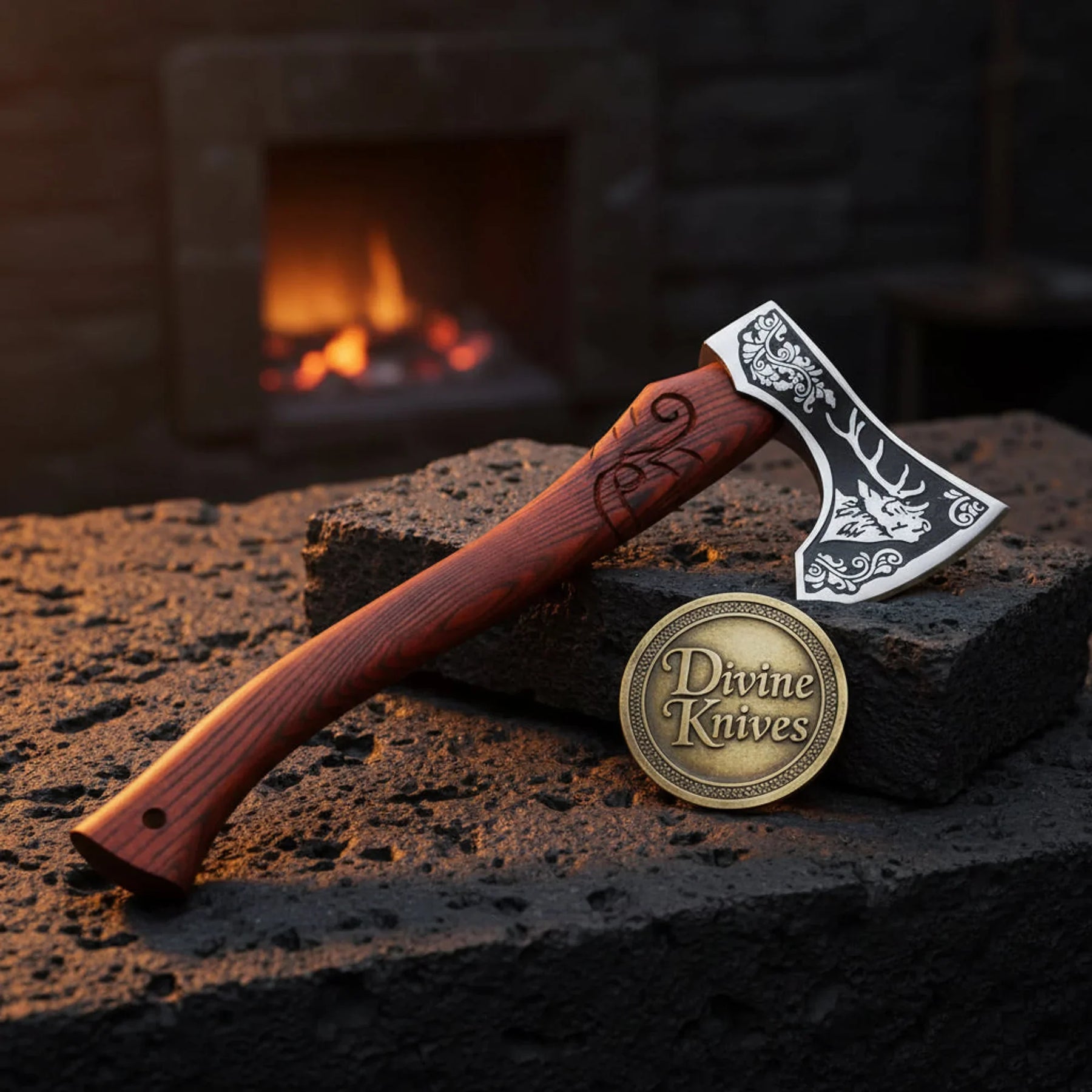 Viking Hunting Axe with Stag-Etched Head & Rosewood Handle