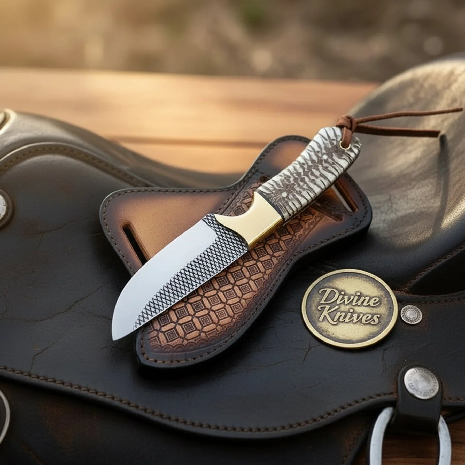 Rasp Steel Cowboy Knife with Pine Cone Resin Handle & Brass Bolster